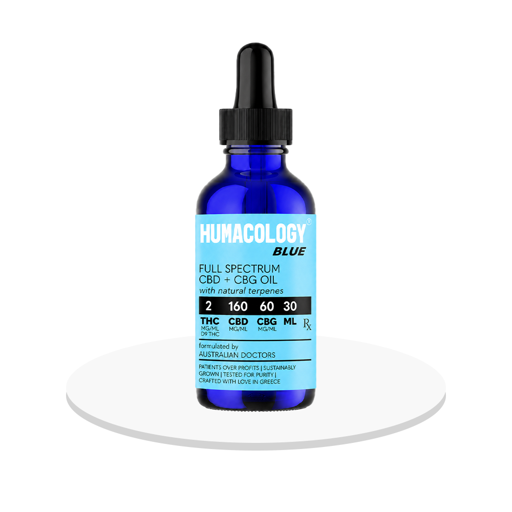 Blue bottle of Humacology Full Spectrum CBD + CBG Oil on a white background