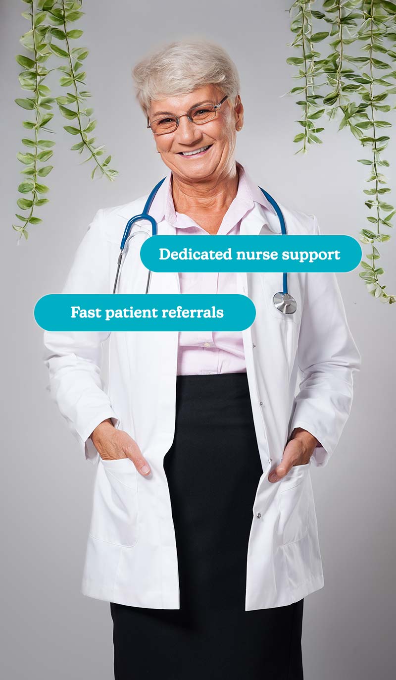 Doctor in a white coat with text about dedicated support and fast referrals on a gray background