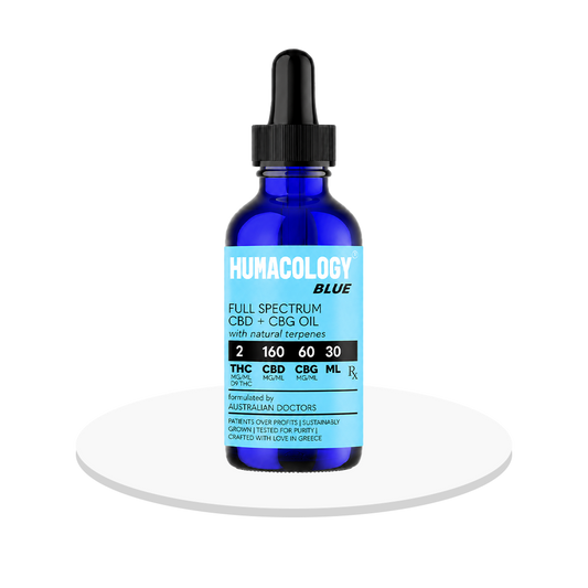 Blue bottle of Humacology Full Spectrum CBD + CBG Oil on a white background