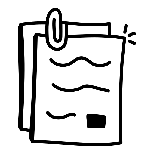 Black and white icon of a paper with a wavy edge and a clip on a white background