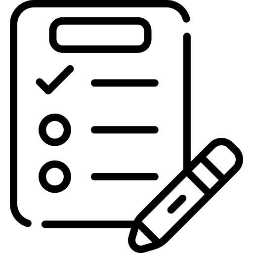 Icon of a checklist with a pen on a white background