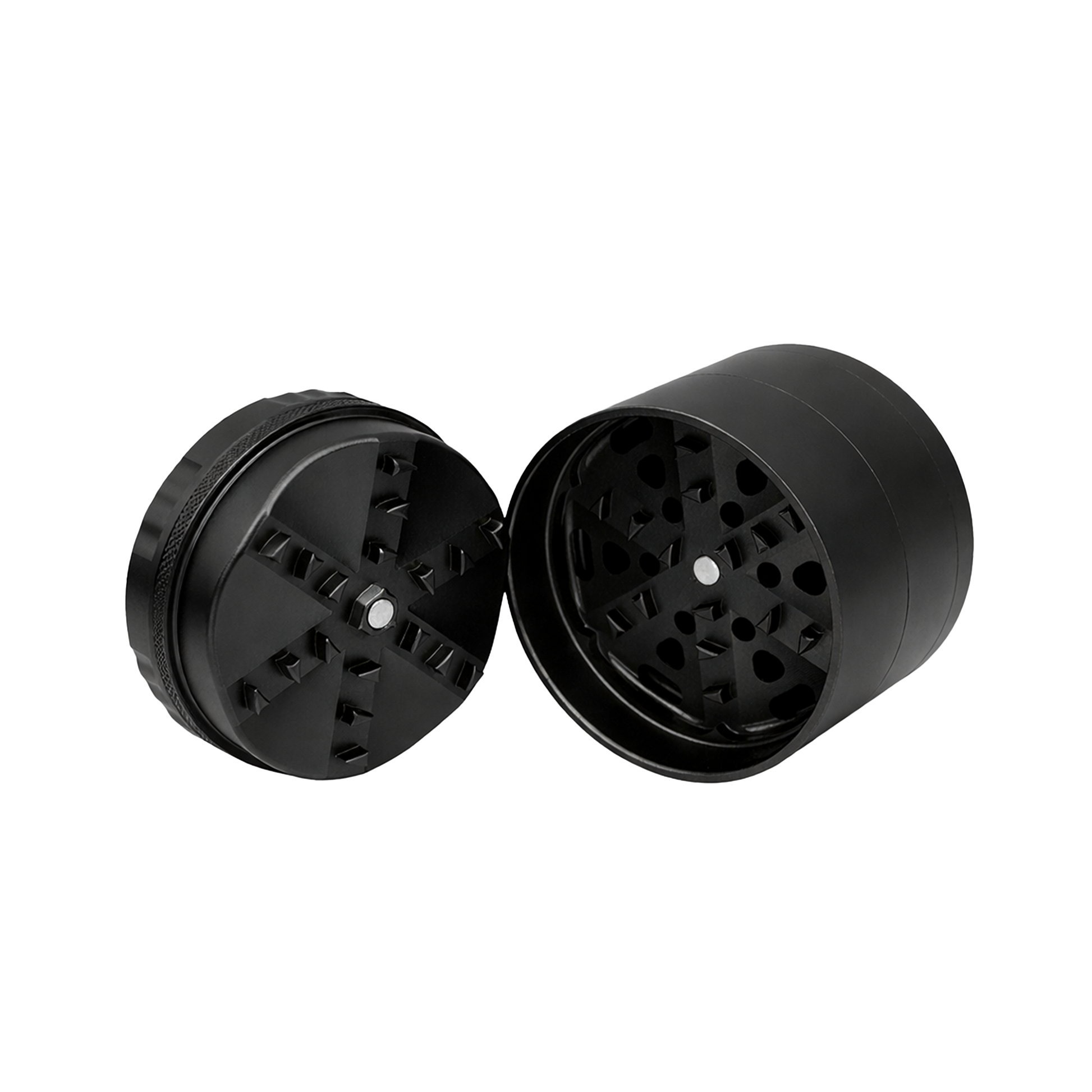 Black metal grinder with two parts on a white background