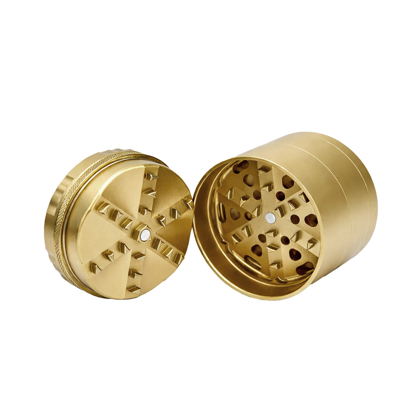 Gold metal grinder with open top and side on a white background