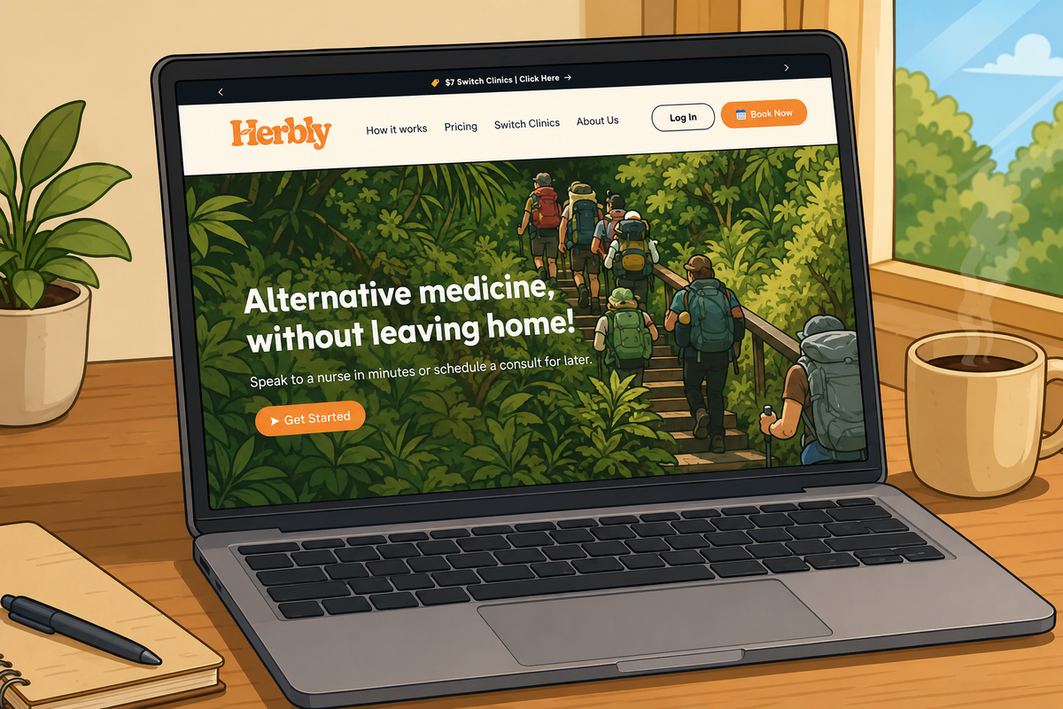 A laptop on a wooden desk displaying the Herbly website, surrounded by a potted plant, a coffee cup, and a notebook in a warm, styled interior setting.