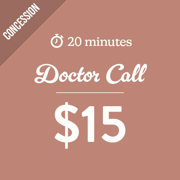 Advertisement for a 'Doctor Call' service with a price of $15 and a duration of 20 minutes on a brown background.