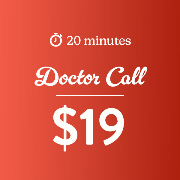 Advertisement for 'Doctor Call' service with a price of $19 and a time of 20 minutes on a red background.
