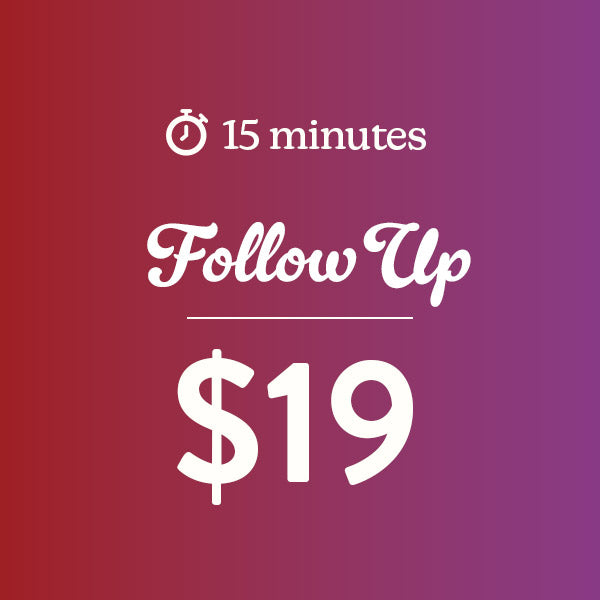 Promotional graphic for a 15-minute follow-up service priced at $19 on a gradient red to purple background.