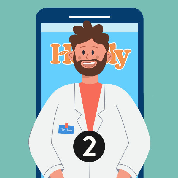Illustration of a person in a white coat with a smartphone displaying 'Healthy' and 'Dr. Jon' branding.