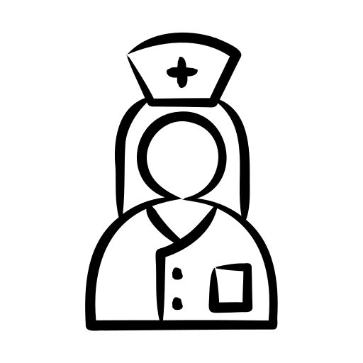 Black and white icon of a nurse with a cap on a white background