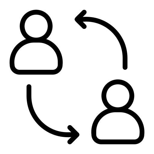Two person icons with arrows indicating a cycle or relationship between them on a white background.